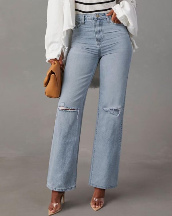 KDF Straight Leg Jeans for Women High Waisted Jeans Frayed Baggy Pants Raw Hem Loose Stretchy Cropped Wide Leg Jeans - Image 48