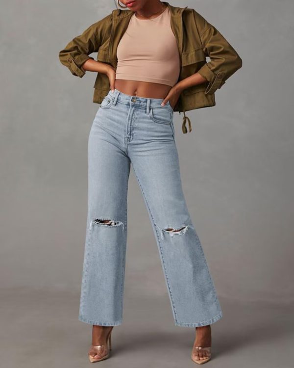 KDF Straight Leg Jeans for Women High Waisted Jeans Frayed Baggy Pants Raw Hem Loose Stretchy Cropped Wide Leg Jeans - Image 49