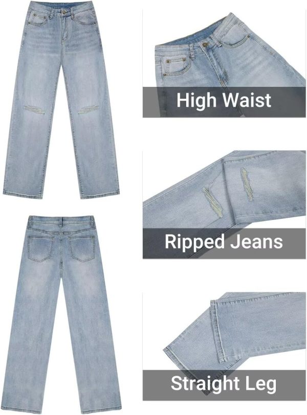 KDF Straight Leg Jeans for Women High Waisted Jeans Frayed Baggy Pants Raw Hem Loose Stretchy Cropped Wide Leg Jeans - Image 50