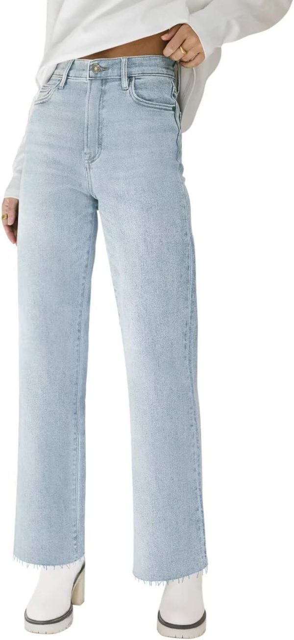KDF Straight Leg Jeans for Women High Waisted Jeans Frayed Baggy Pants Raw Hem Loose Stretchy Cropped Wide Leg Jeans - Image 56