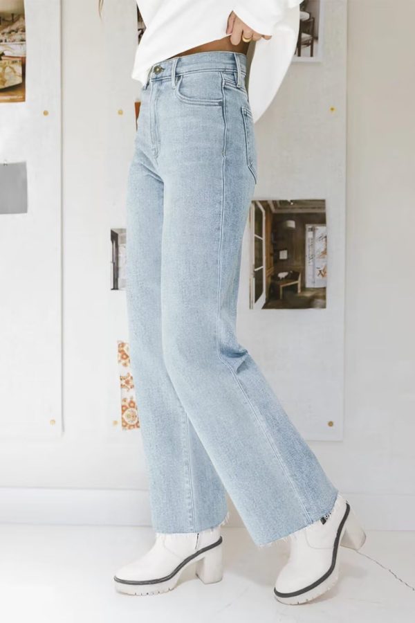 KDF Straight Leg Jeans for Women High Waisted Jeans Frayed Baggy Pants Raw Hem Loose Stretchy Cropped Wide Leg Jeans - Image 57