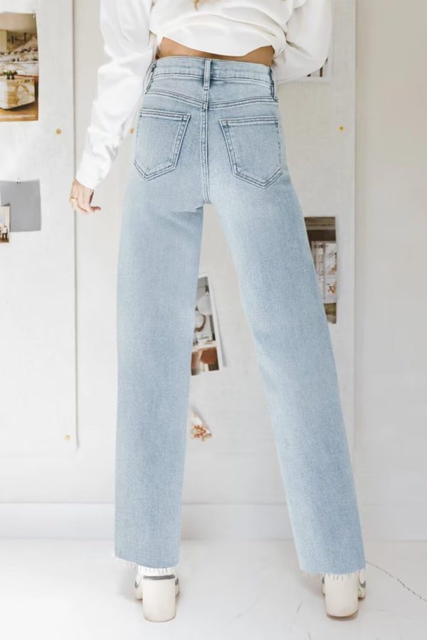 KDF Straight Leg Jeans for Women High Waisted Jeans Frayed Baggy Pants Raw Hem Loose Stretchy Cropped Wide Leg Jeans - Image 58