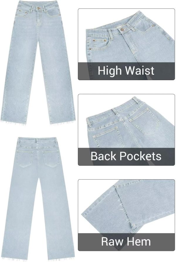 KDF Straight Leg Jeans for Women High Waisted Jeans Frayed Baggy Pants Raw Hem Loose Stretchy Cropped Wide Leg Jeans - Image 60