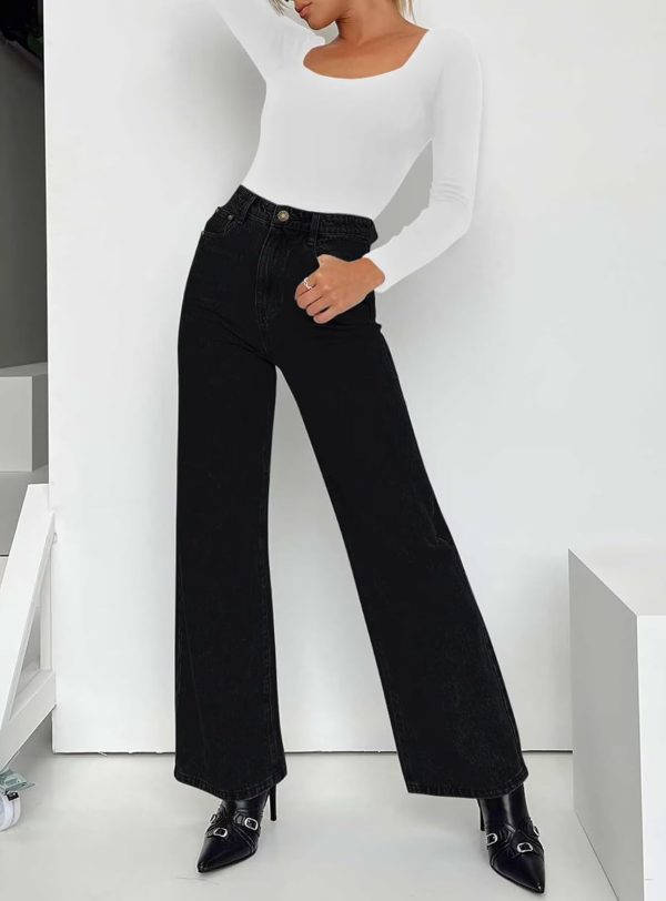 KDF Straight Leg Jeans for Women High Waisted Jeans Frayed Baggy Pants Raw Hem Loose Stretchy Cropped Wide Leg Jeans - Image 65