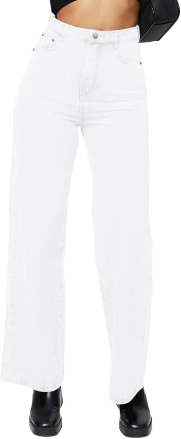 KDF Straight Leg Jeans for Women High Waisted Jeans Frayed Baggy Pants Raw Hem Loose Stretchy Cropped Wide Leg Jeans - Image 67
