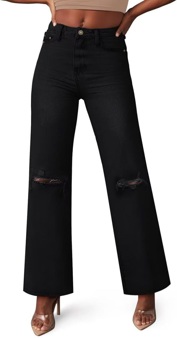 KDF Straight Leg Jeans for Women High Waisted Jeans Frayed Baggy Pants Raw Hem Loose Stretchy Cropped Wide Leg Jeans - Image 73