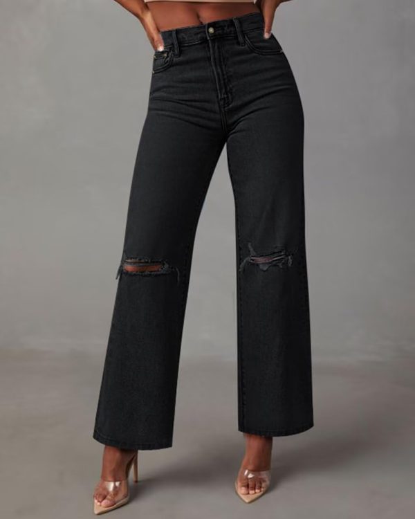 KDF Straight Leg Jeans for Women High Waisted Jeans Frayed Baggy Pants Raw Hem Loose Stretchy Cropped Wide Leg Jeans - Image 74