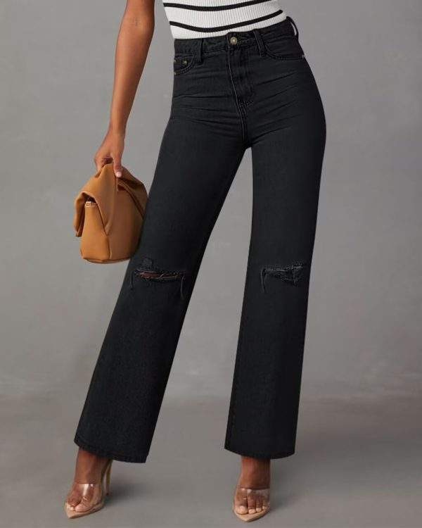KDF Straight Leg Jeans for Women High Waisted Jeans Frayed Baggy Pants Raw Hem Loose Stretchy Cropped Wide Leg Jeans - Image 75