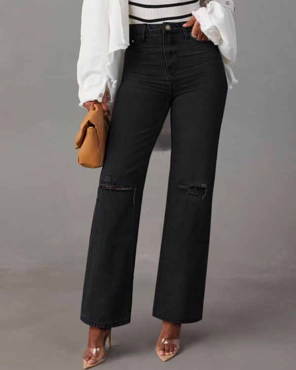 KDF Straight Leg Jeans for Women High Waisted Jeans Frayed Baggy Pants Raw Hem Loose Stretchy Cropped Wide Leg Jeans - Image 76