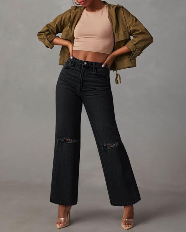 KDF Straight Leg Jeans for Women High Waisted Jeans Frayed Baggy Pants Raw Hem Loose Stretchy Cropped Wide Leg Jeans - Image 77