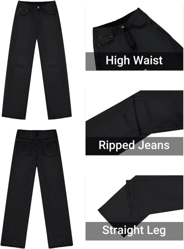 KDF Straight Leg Jeans for Women High Waisted Jeans Frayed Baggy Pants Raw Hem Loose Stretchy Cropped Wide Leg Jeans - Image 78