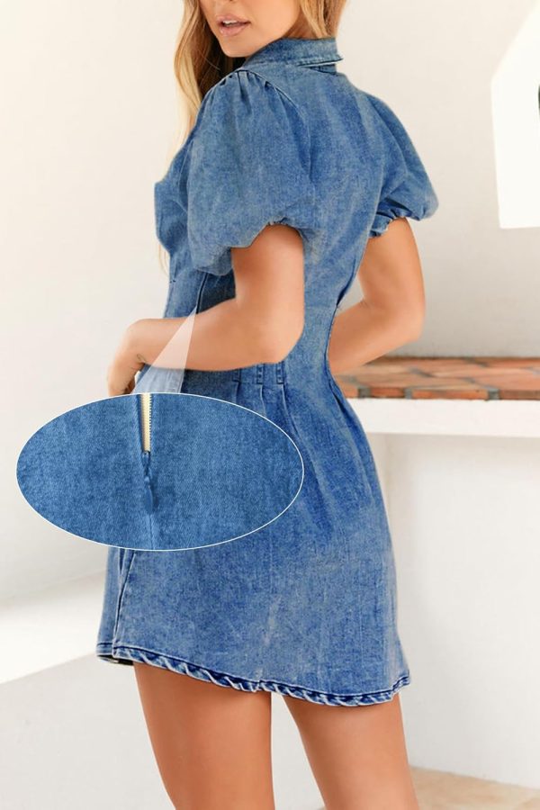 KDF Summer Denim Dress for Women Puff Sleeve Slim Fit Jean Dresses for Women 2025 Casual - Image 2