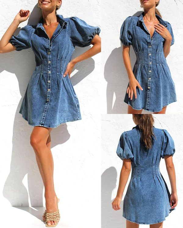 KDF Summer Denim Dress for Women Puff Sleeve Slim Fit Jean Dresses for Women 2025 Casual - Image 5