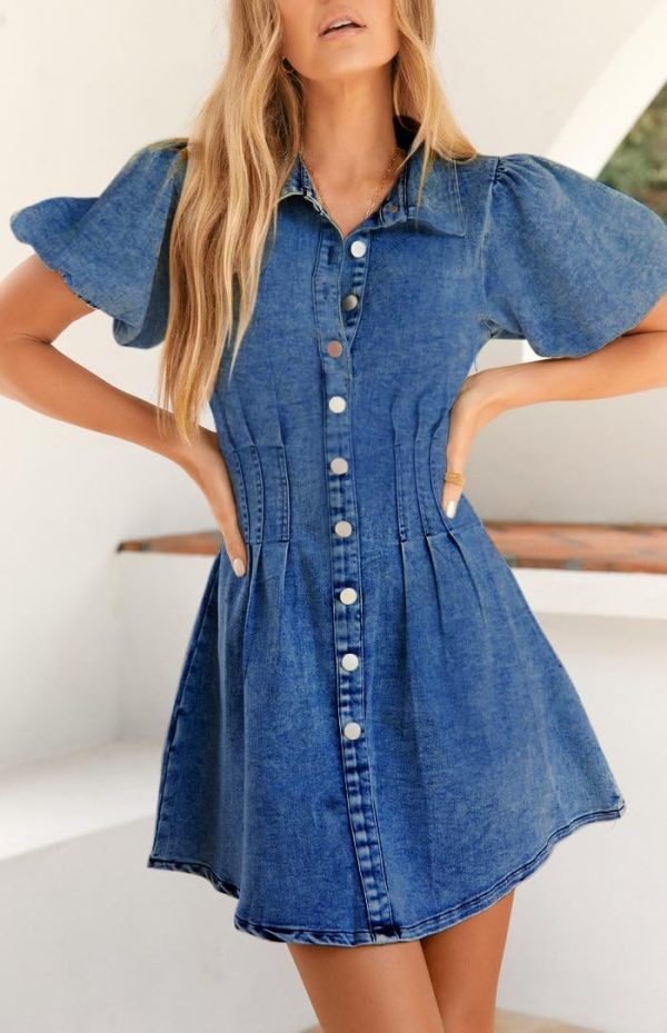 KDF Summer Denim Dress for Women Puff Sleeve Slim Fit Jean Dresses for Women 2025 Casual - Image 6