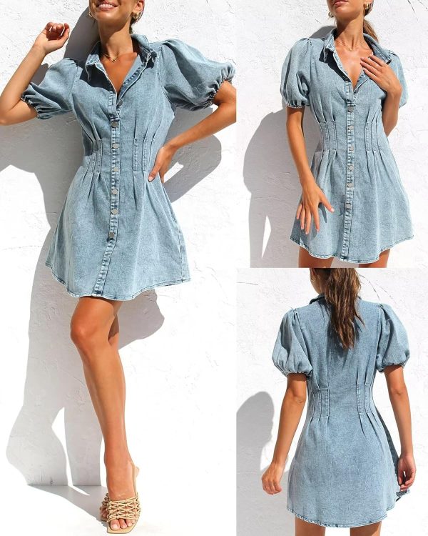 KDF Summer Denim Dress for Women Puff Sleeve Slim Fit Jean Dresses for Women 2025 Casual - Image 11
