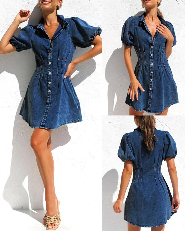 KDF Summer Denim Dress for Women Puff Sleeve Slim Fit Jean Dresses for Women 2025 Casual - Image 32