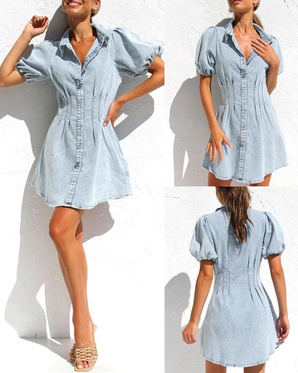 KDF Summer Denim Dress for Women Puff Sleeve Slim Fit Jean Dresses for Women 2025 Casual - Image 37