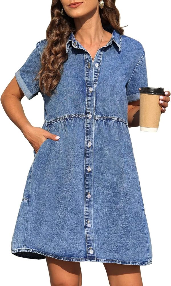 KDF Denim Dress for Women with Pockets Short Sleeve Babydoll Denim Shirt Dresses for Women 2025