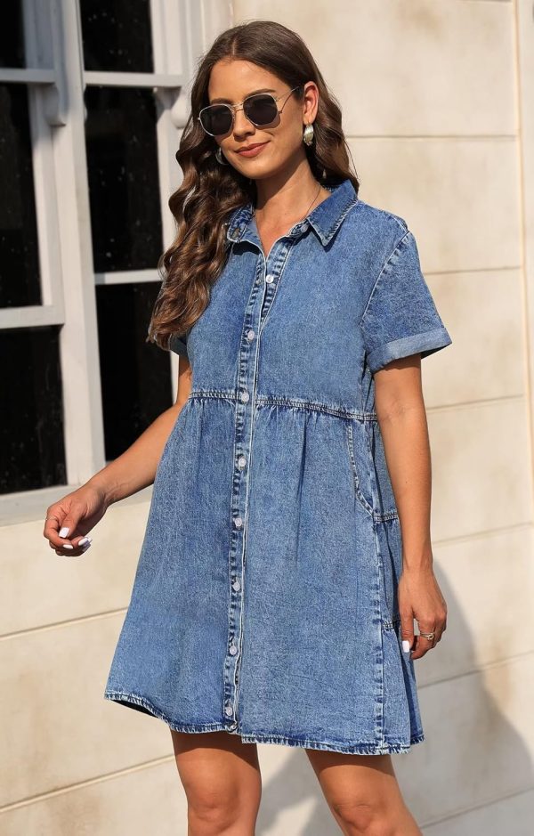 KDF Denim Dress for Women with Pockets Short Sleeve Babydoll Denim Shirt Dresses for Women 2025 - Image 5