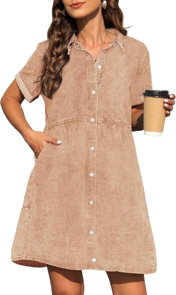 KDF Denim Dress for Women with Pockets Short Sleeve Babydoll Denim Shirt Dresses for Women 2025 - Image 7