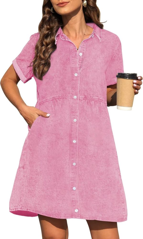 KDF Denim Dress for Women with Pockets Short Sleeve Babydoll Denim Shirt Dresses for Women 2025 - Image 12
