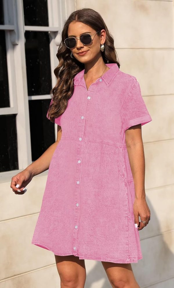 KDF Denim Dress for Women with Pockets Short Sleeve Babydoll Denim Shirt Dresses for Women 2025 - Image 16