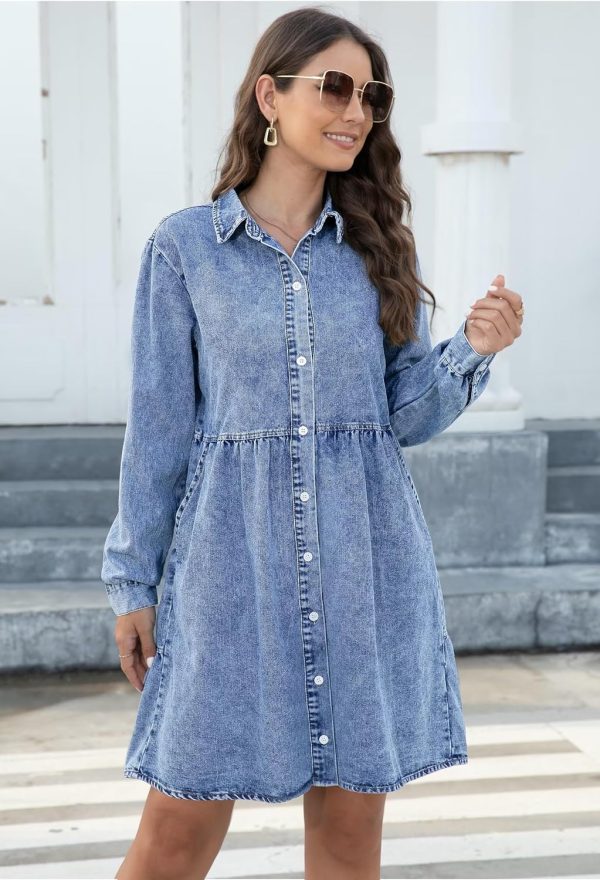 KDF Denim Dress for Women with Pockets Short Sleeve Babydoll Denim Shirt Dresses for Women 2025 - Image 18