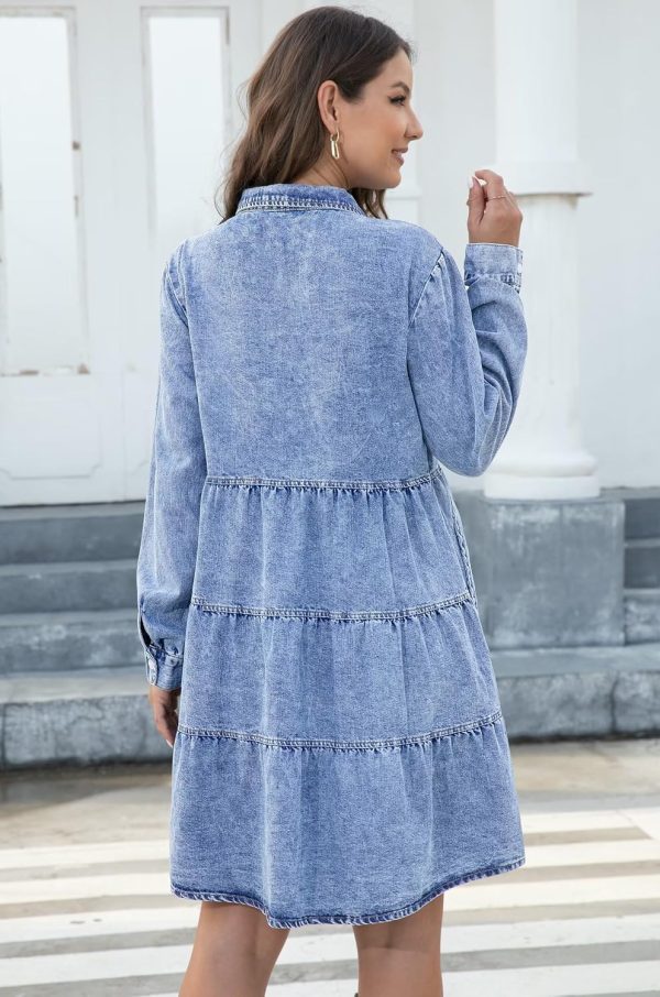 KDF Denim Dress for Women with Pockets Short Sleeve Babydoll Denim Shirt Dresses for Women 2025 - Image 19