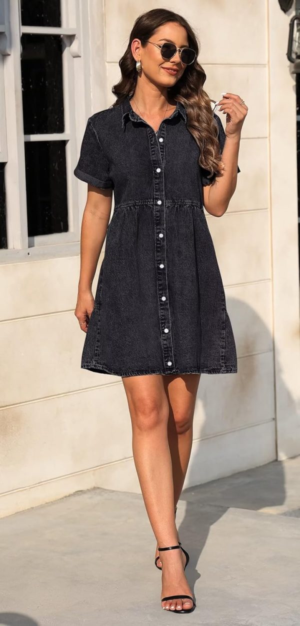 KDF Denim Dress for Women with Pockets Short Sleeve Babydoll Denim Shirt Dresses for Women 2025 - Image 26