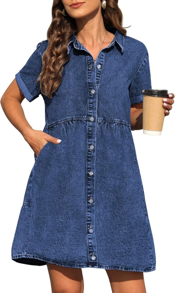 KDF Denim Dress for Women with Pockets Short Sleeve Babydoll Denim Shirt Dresses for Women 2025 - Image 29
