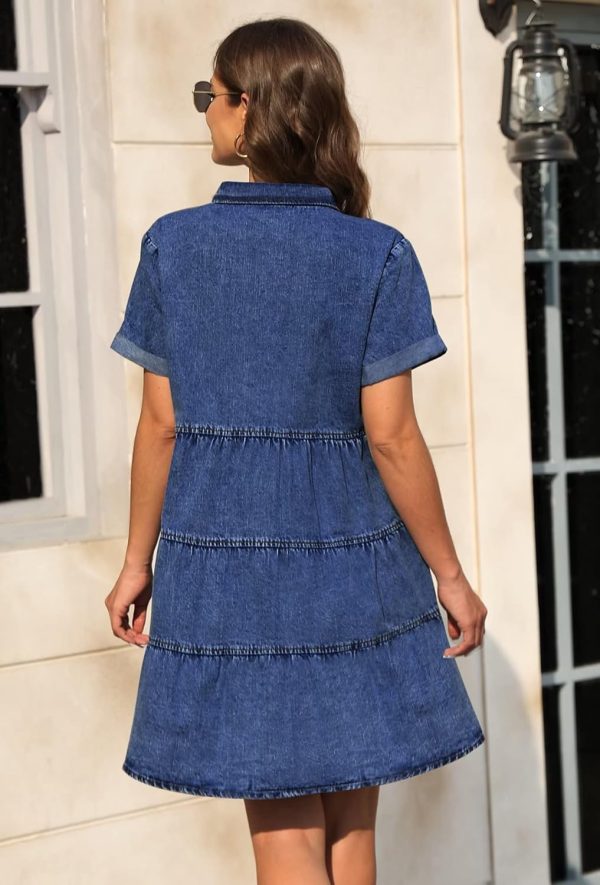 KDF Denim Dress for Women with Pockets Short Sleeve Babydoll Denim Shirt Dresses for Women 2025 - Image 31