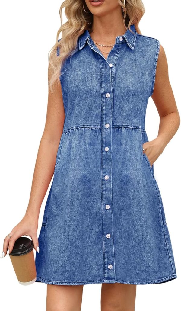KDF Denim Dress for Women with Pockets Short Sleeve Babydoll Denim Shirt Dresses for Women 2025 - Image 35