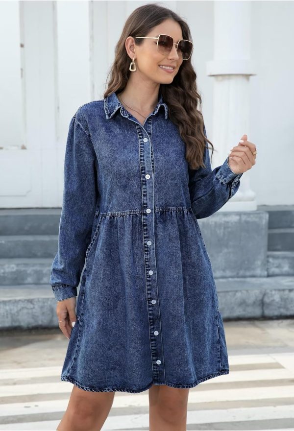 KDF Denim Dress for Women with Pockets Short Sleeve Babydoll Denim Shirt Dresses for Women 2025 - Image 41