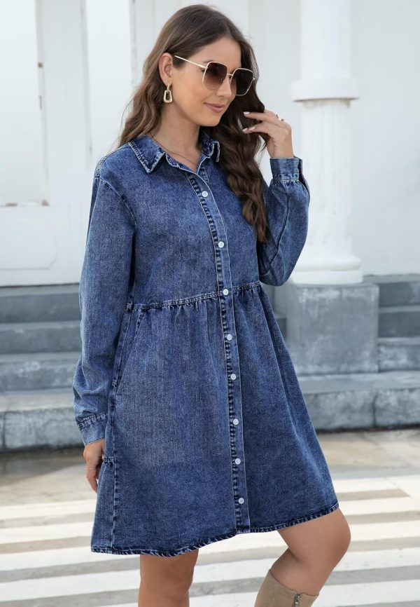 KDF Denim Dress for Women with Pockets Short Sleeve Babydoll Denim Shirt Dresses for Women 2025 - Image 43
