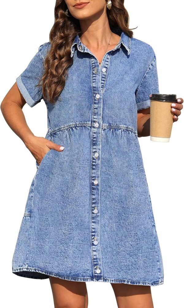 KDF Denim Dress for Women with Pockets Short Sleeve Babydoll Denim Shirt Dresses for Women 2025 - Image 51