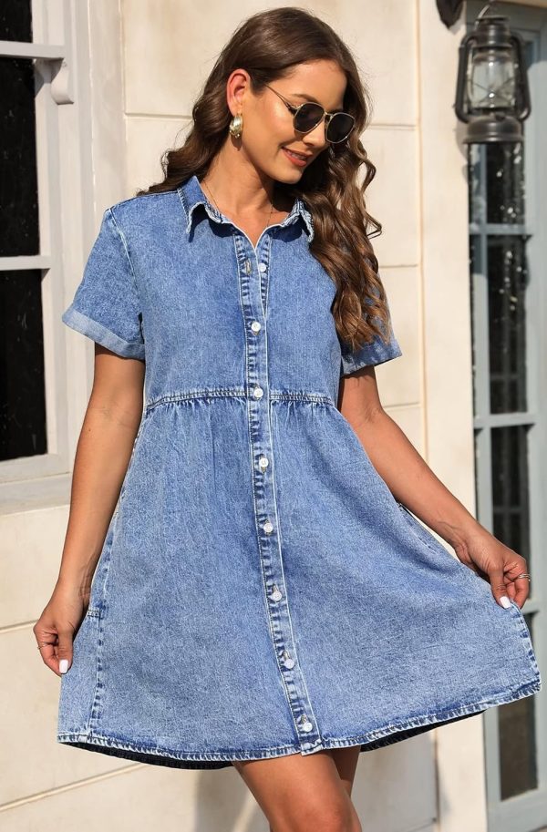 KDF Denim Dress for Women with Pockets Short Sleeve Babydoll Denim Shirt Dresses for Women 2025 - Image 52