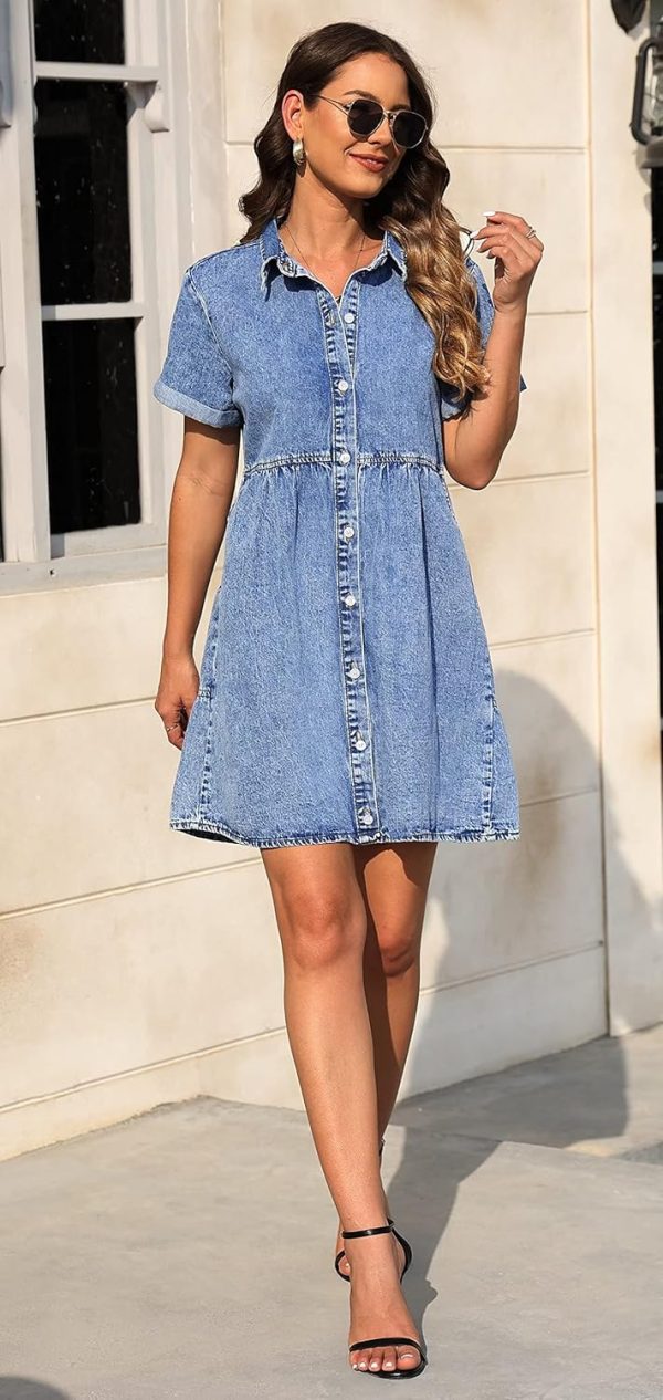 KDF Denim Dress for Women with Pockets Short Sleeve Babydoll Denim Shirt Dresses for Women 2025 - Image 54