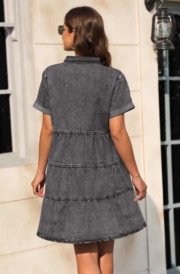 KDF Denim Dress for Women with Pockets Short Sleeve Babydoll Denim Shirt Dresses for Women 2025 - Image 64