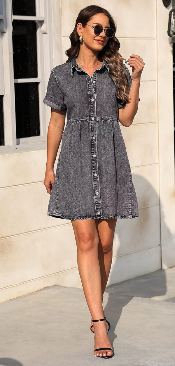 KDF Denim Dress for Women with Pockets Short Sleeve Babydoll Denim Shirt Dresses for Women 2025 - Image 65