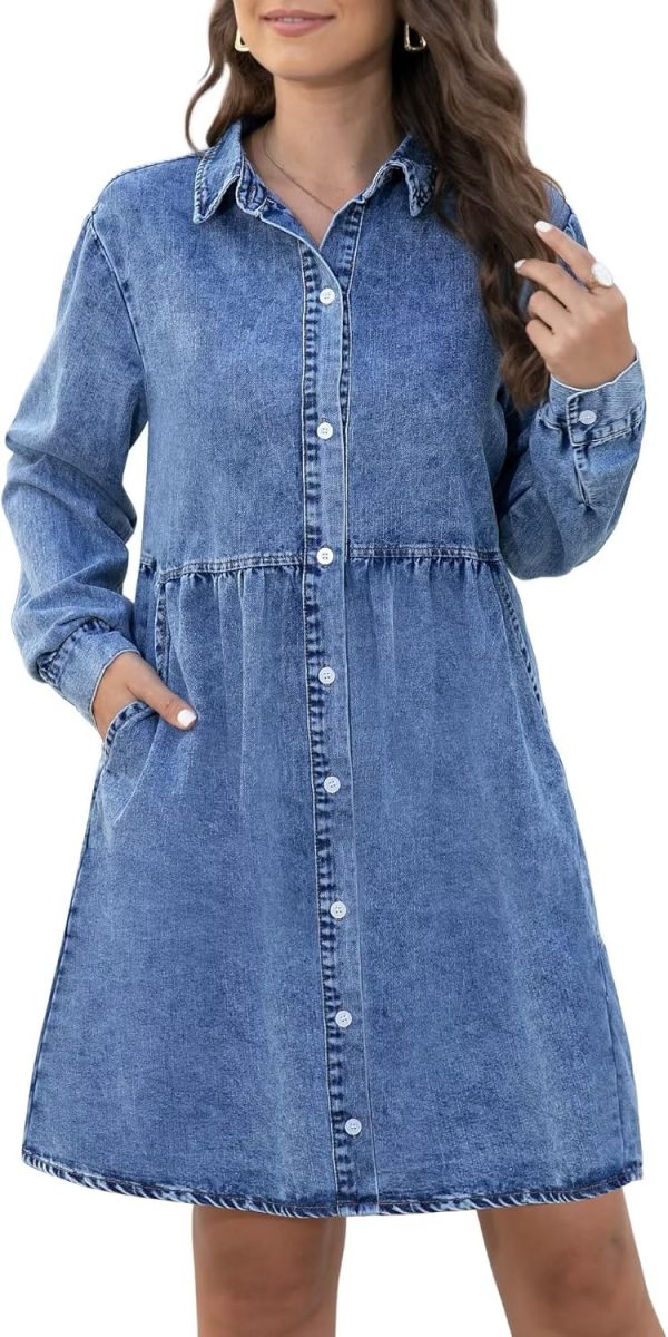KDF Denim Dress for Women with Pockets Short Sleeve Babydoll Denim Shirt Dresses for Women 2025 - Image 68