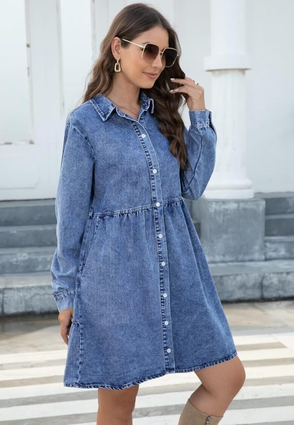 KDF Denim Dress for Women with Pockets Short Sleeve Babydoll Denim Shirt Dresses for Women 2025 - Image 71
